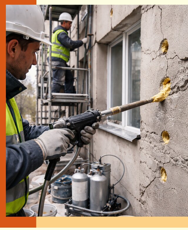 Заполнение пустот в фасаде и утепление стен в Северске